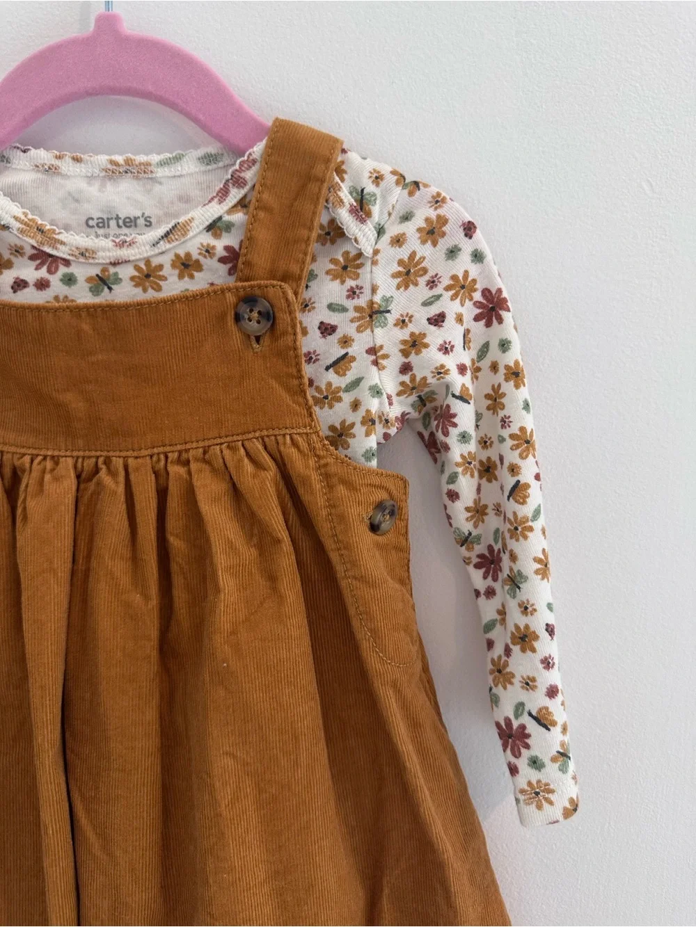 Carter’s Baby Girl Brown Corduroy Pinafore Dress with Floral Long Sleeve Onesie